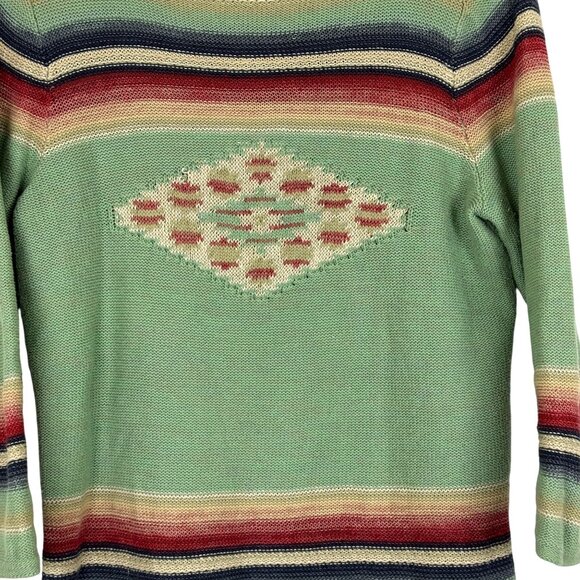 LRL Southwestern Aztec Knit Pullover Sweater Medium Green Striped Cotton Linen - Picture 3 of 9